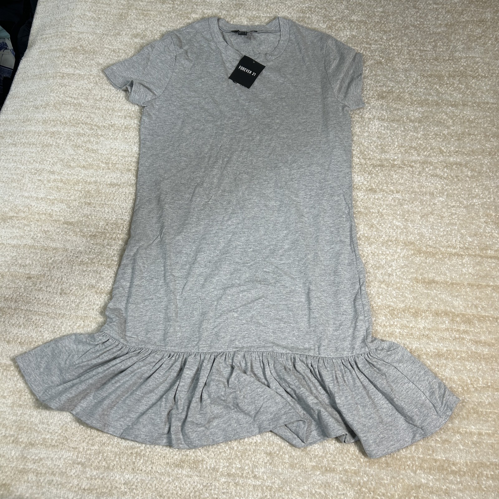 Forever 21 Knit Dress Womens Small Heather Grey Ruffle Hem Casual T Shirt Dress