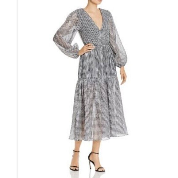 Bec & Bridge Nadine Crinkled Gingham Midi Dress Black US 6 UK 10 2249