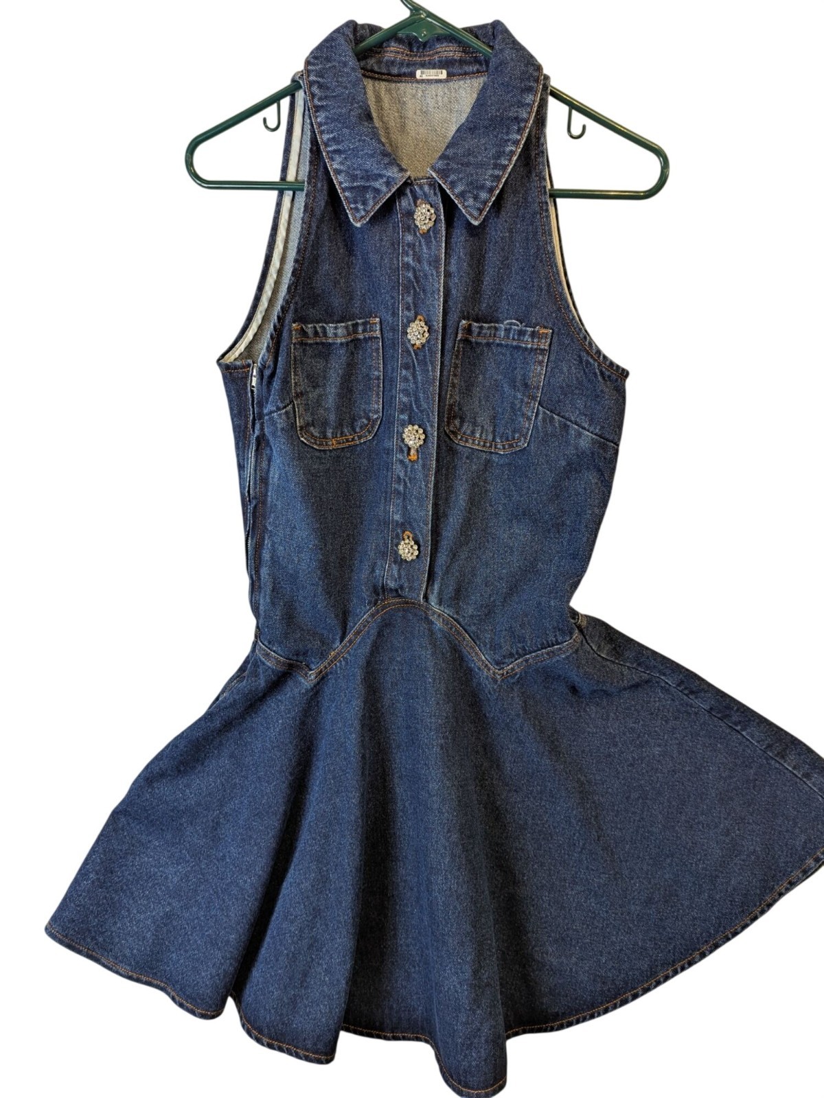SHEIN Denim Mini Dress Small Western Flare Fit & Flare Sleeveless Dark Wash