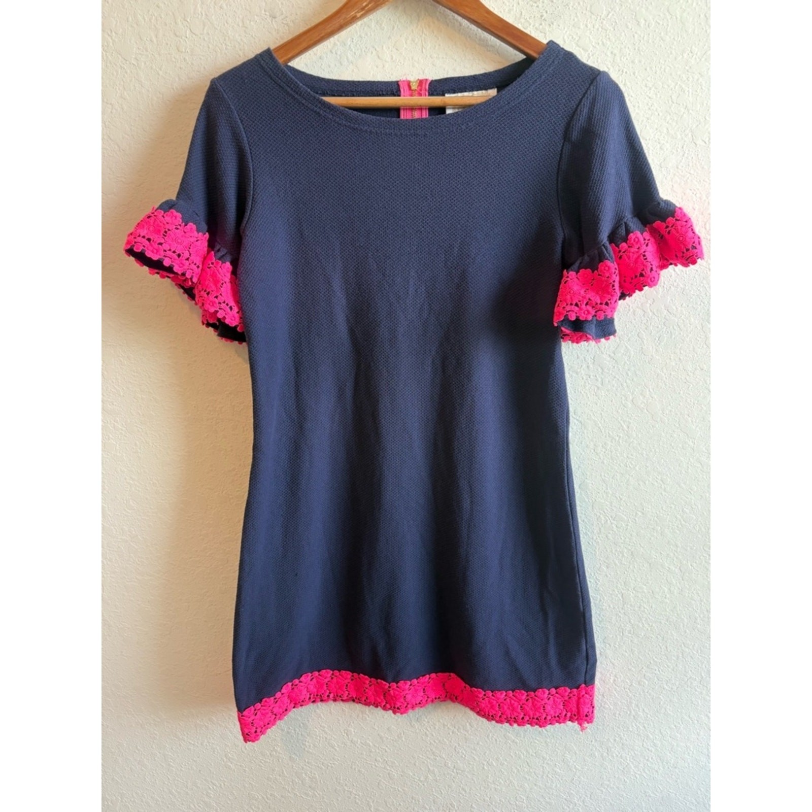 Sail to Sable Navy Blue Mini Dress Pink Lace Ruffle Sleeve Size Small