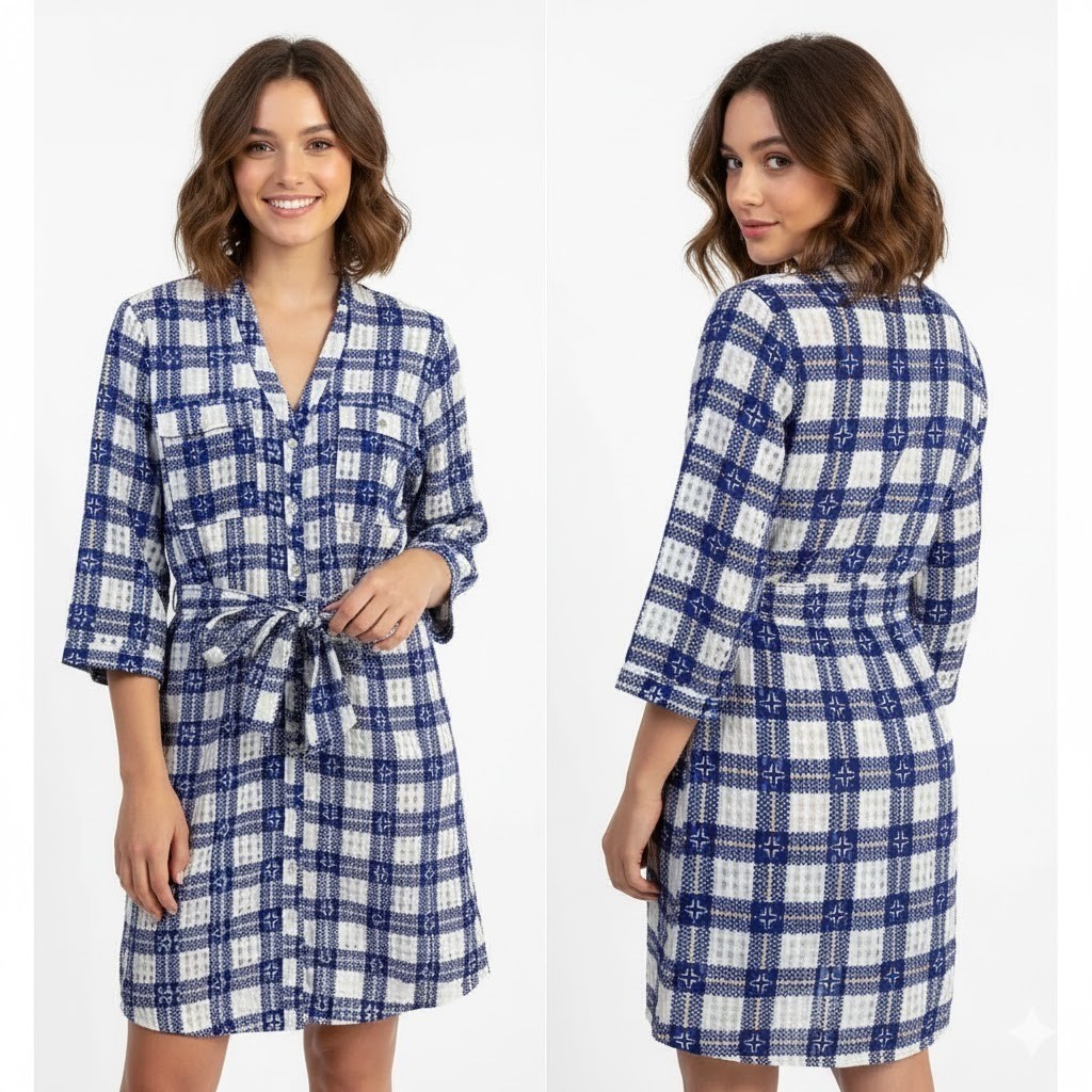 XTAREN Dress Womens Blue White Checkered VNeck Belted Size Medium 3/4 Sleeves
