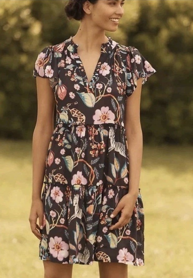 Anthropologie Maeve Black Floral Flora Fauna Jungle Animal Safari Mini Dress XS