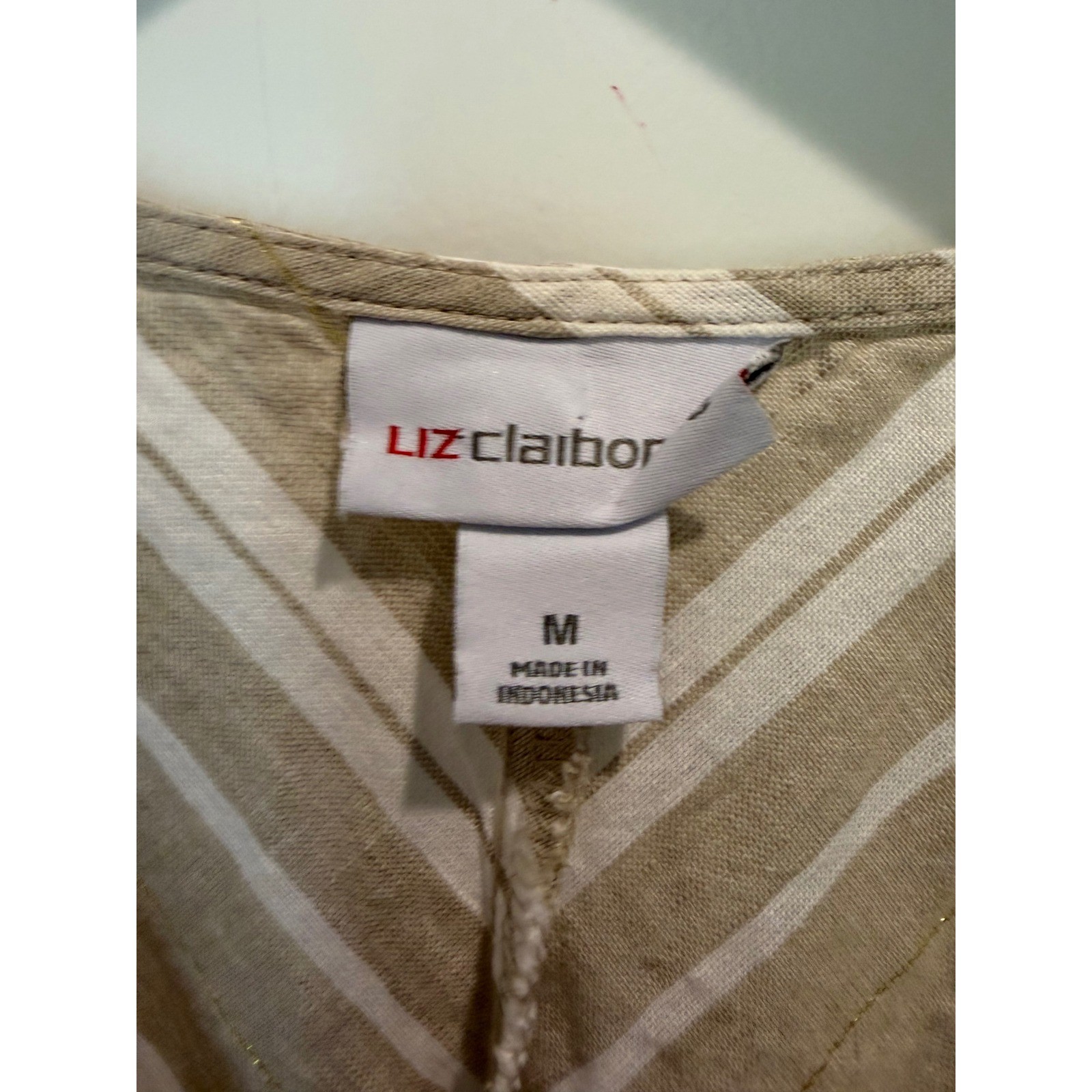 Liz Claiborne Linen Blend Striped V-Neck Shift Dress Tan Gold Metallic Women M