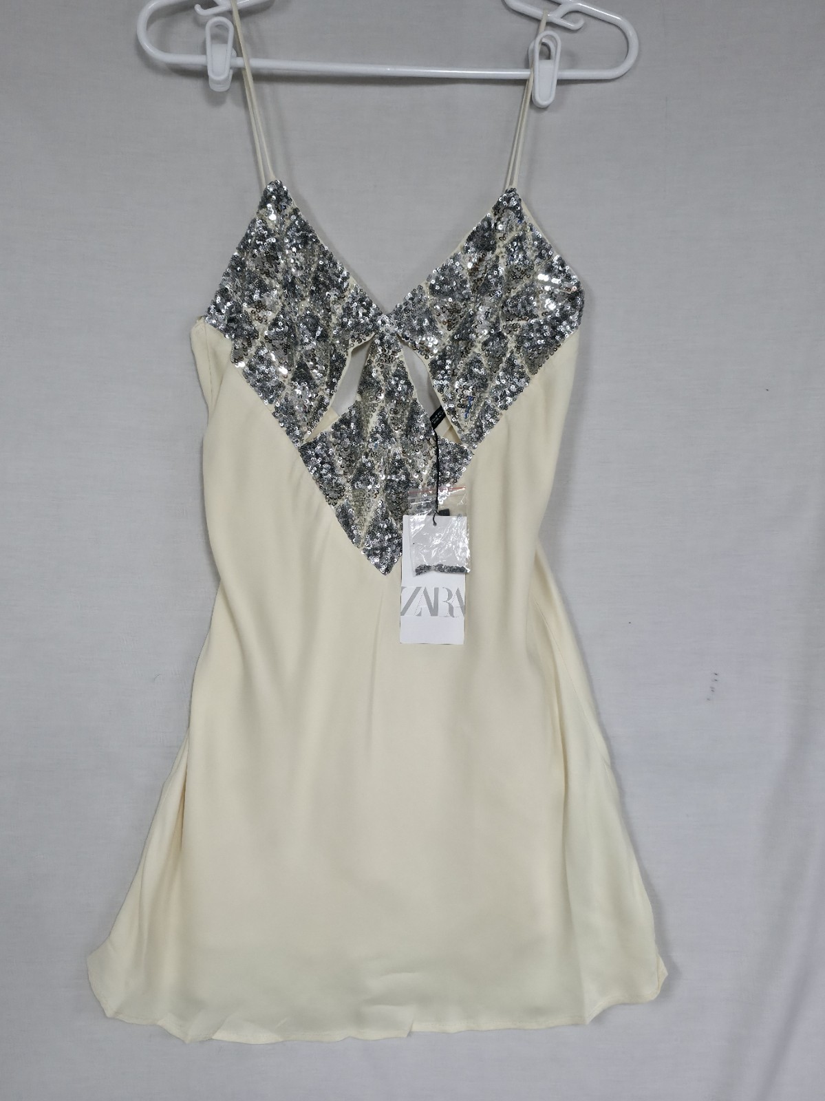 ZARA Satin Effect Mini Slip Dress Creme Size Medium NWT Beaded/Sequin (H3)