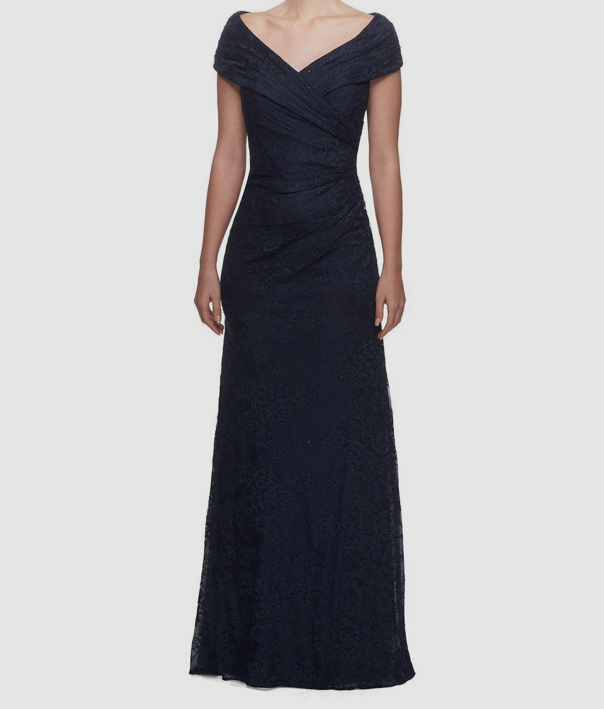 $439 La Femme Women’s Blue Portrait Collar Short Sleeve Lace Gown Dress Size 6