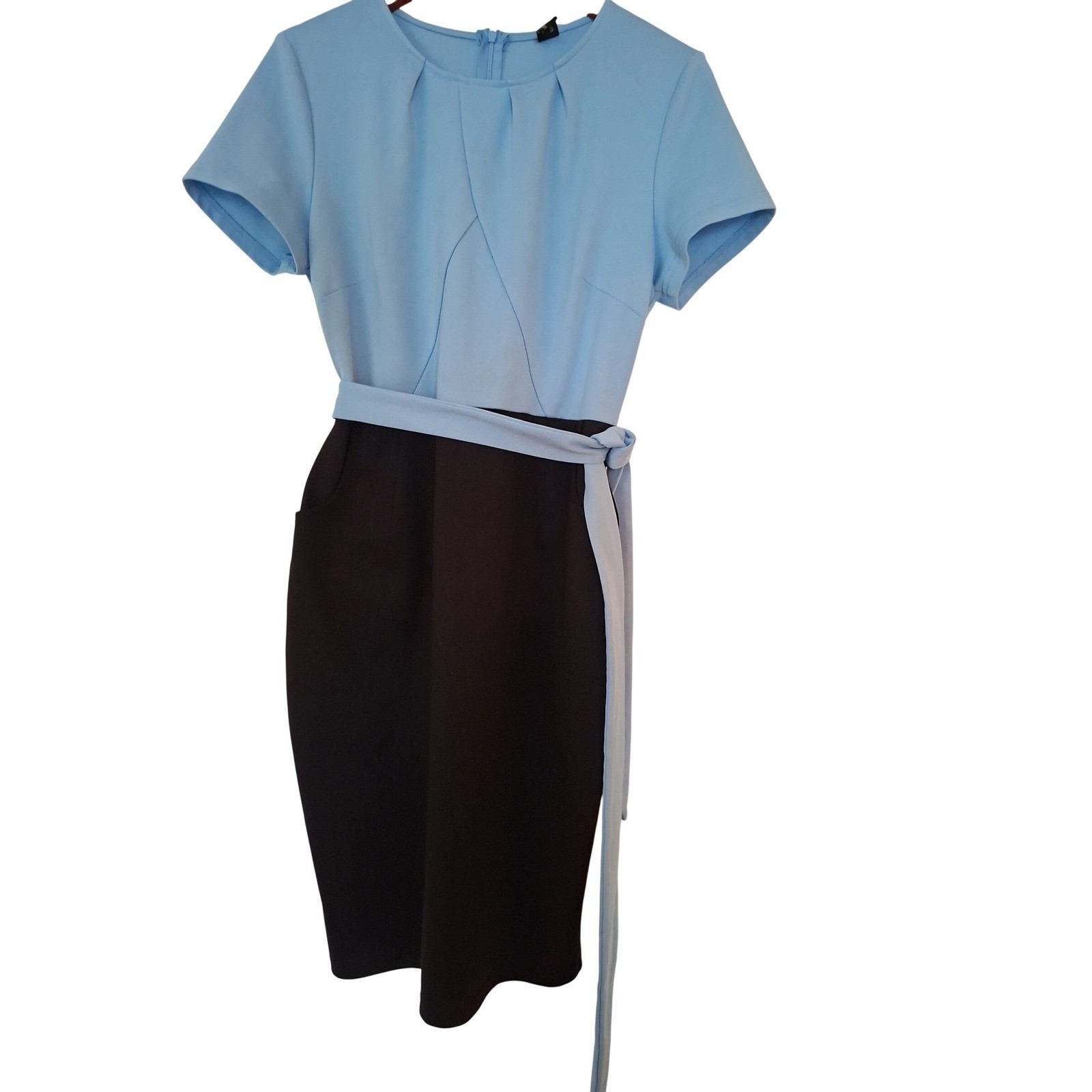 Vshow Vintage Colorblock Sheath Dress, Women’s Blue Black belted with Pockets