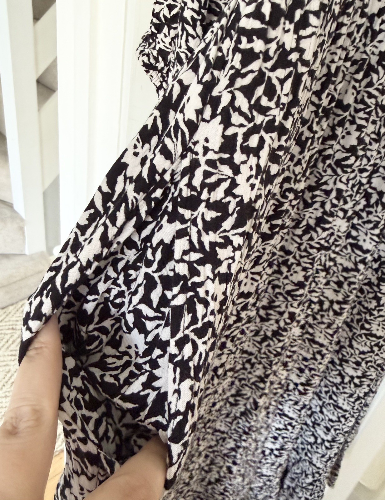 Fat Face Adele Black White Vines Print Midi Dress Shirred Bust Sleeve Size 24 R