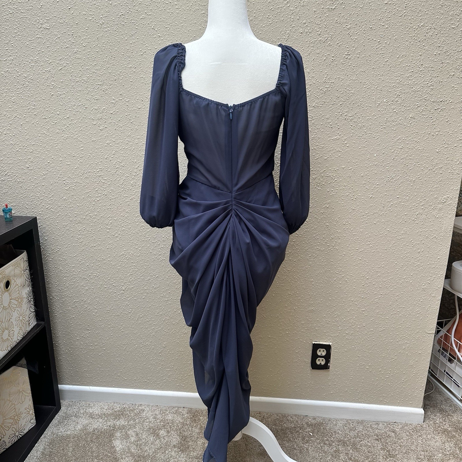 Pretty Little Thing Blue Satin Corset Chiffon Mesh Draped Bodycon Midi Dress 8 M