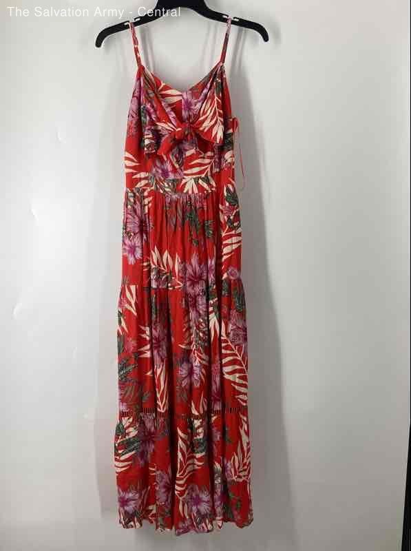 Miss Me Women’s Red Tropical Floral Tie Front Cutout Tiered Maxi Dress Sz S