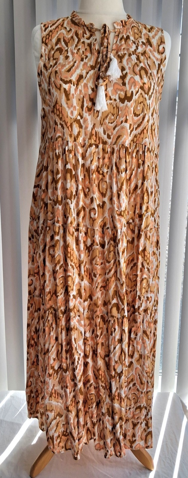 Beige Earth Tone Abstract Bohemian Tiered Maxi Dress Size L (UK 12–14)