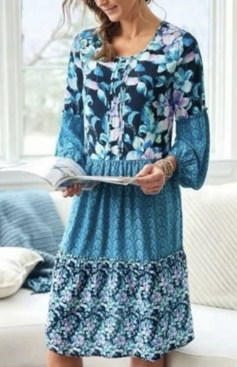 Soft Surroundings Night Bloom Tiered Boho Dress L Patchwork Blue Block Print