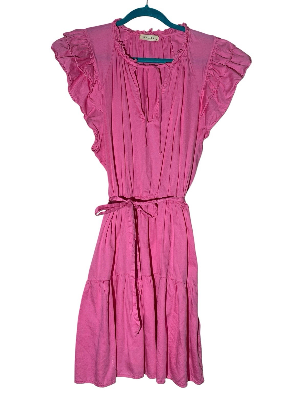 Stark X Austin Cotton Dress Flutter Sleeve Ruffle Collar Split VNeck Tie Waist