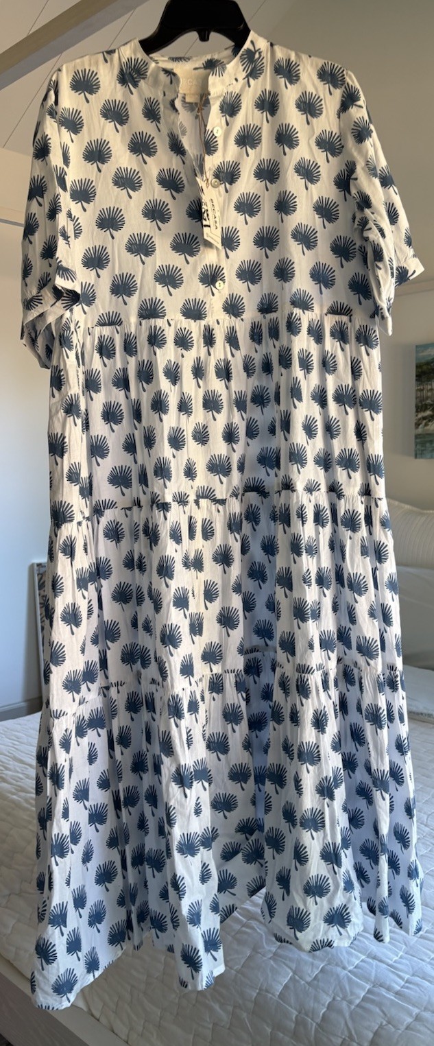 NWT BECASA Resort Dress Maxi Woven Cotton Palmetto Block Print Sz M/L White Blue