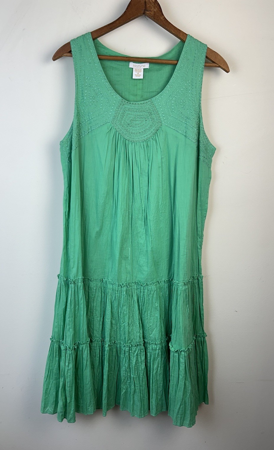 Klozlyne Green Dress Boho Peasant Festival Flowy Sz M 100% Cotton Embroidered