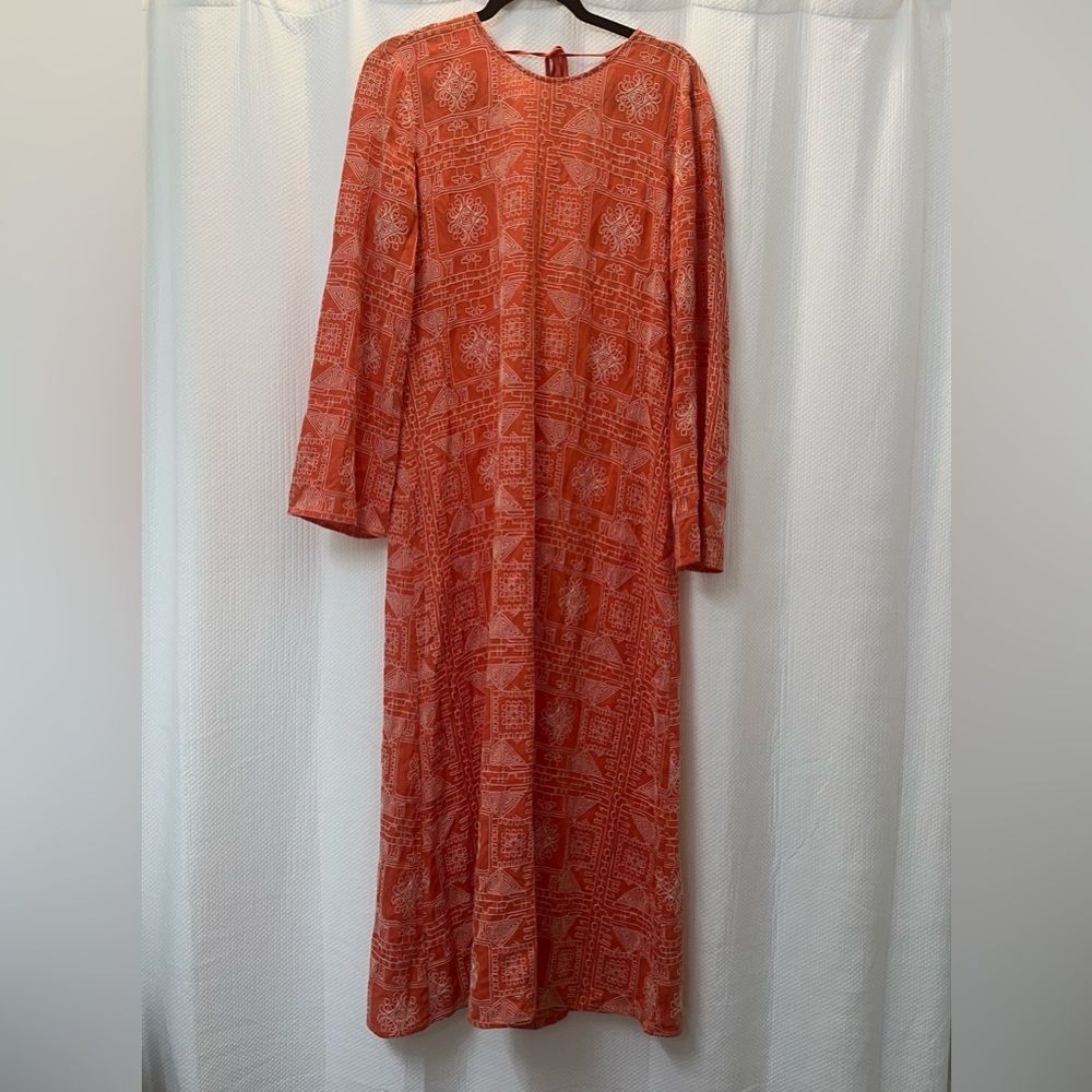 Zara Tunic Maxi Dress All Over Embroidered Pattern Orange Size L