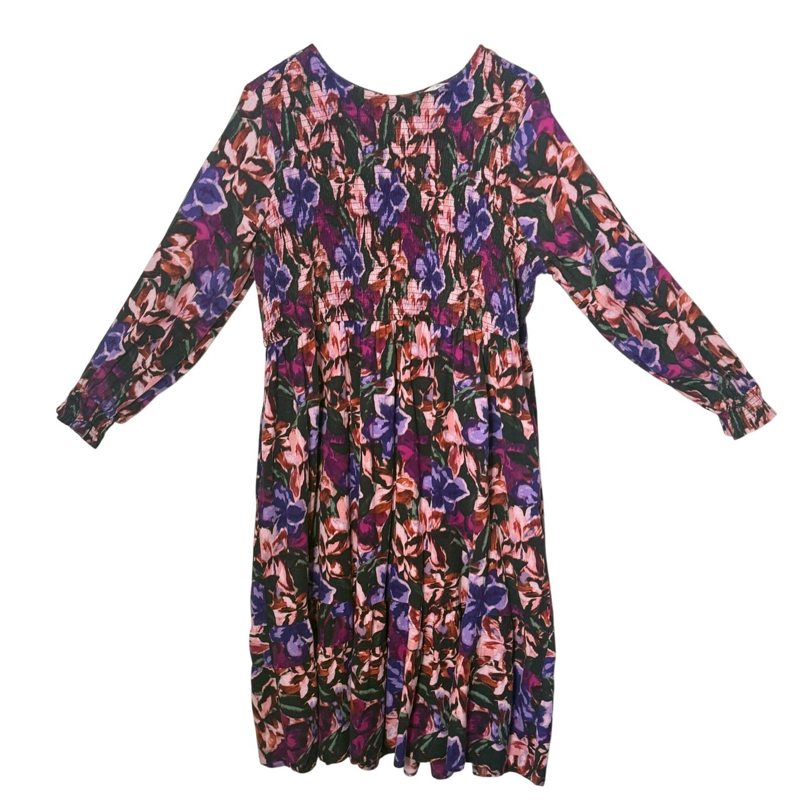 Plus Size Smocked Tiered Dark Floral Midi Dress Womens 20W 22W Cottagecore