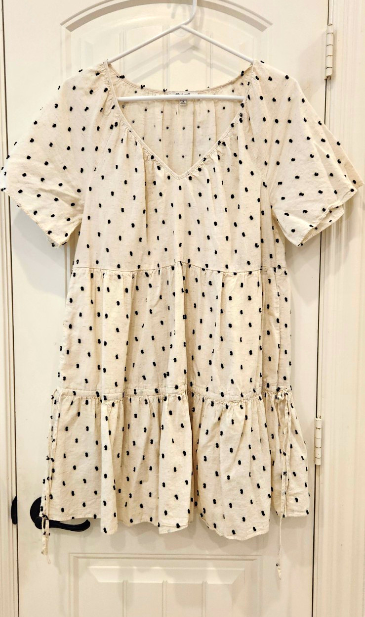 Madewell Off White Black Polka Dot V-Neck Tiered Mini Dress Pockets Size M