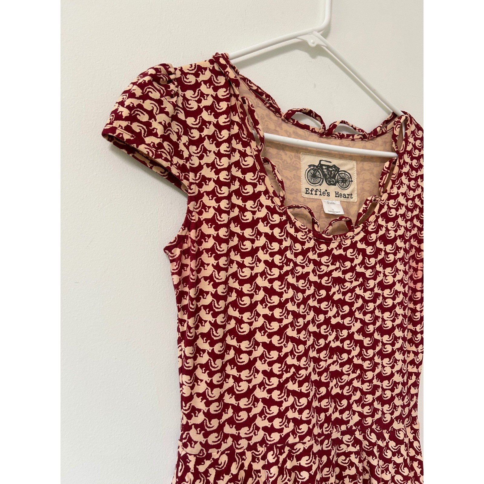 Effie’s Heart Burgundy Squirrel Print Fit and Flare Dress Pockets Small