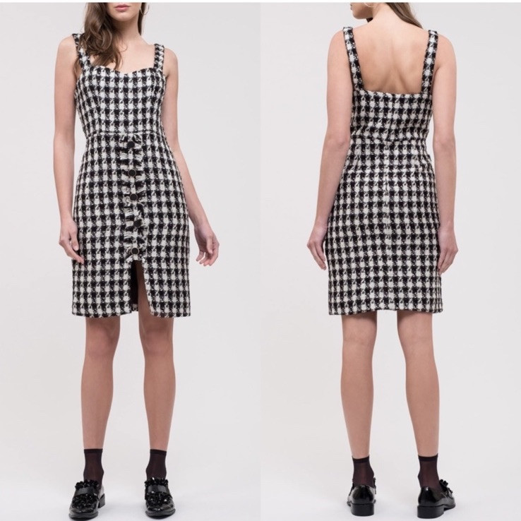 NWT J.O.A. Tweed Button Front Dress Black White Houndstooth Sleeveless Sz XS