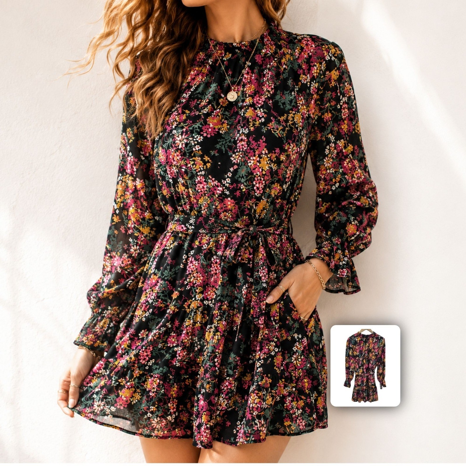Ophelia Roe Boho Mini Dress Floral Tie Waist Long Sleeve Black Pink L
