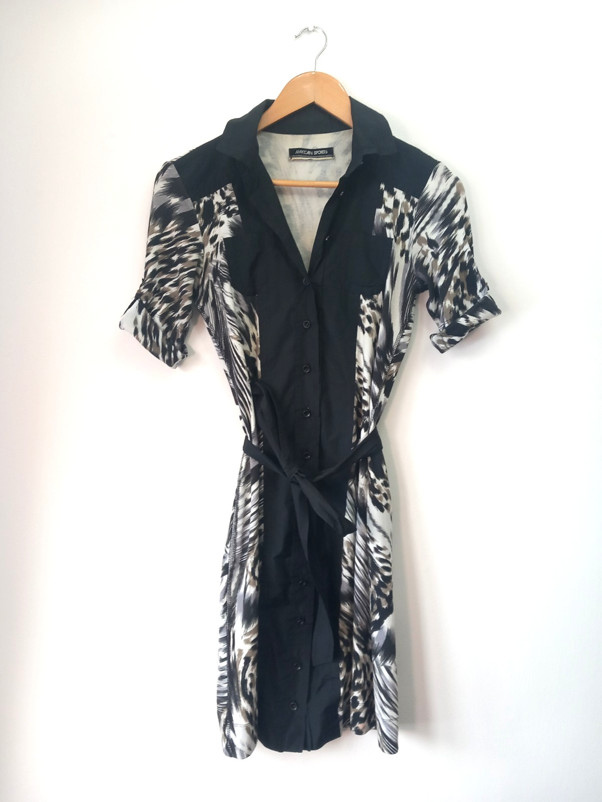 Marc Cain Sports 10 (2) Black Grey Animal Button Up Shirt Dress Tie Belt Stretch