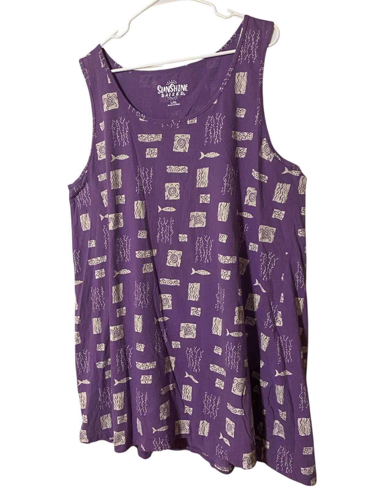 Sunshine Raised Novelty Fish Tunic Mini Dress L/XL Purple 100% Cotton Beach Girl