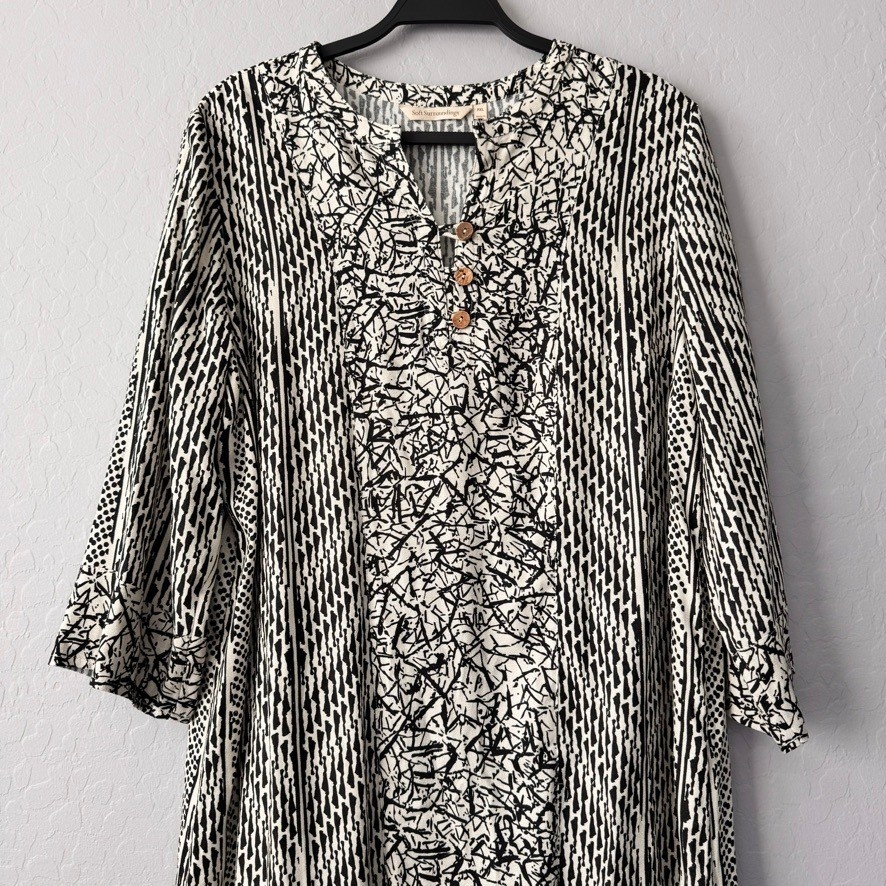 Soft Surroundings Dress Cream Black White Print 3/4 Sleeve Casual Dress PXL