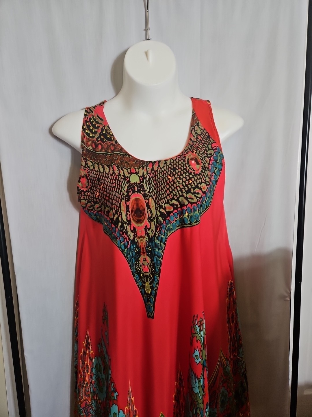 Lapogee XLarge XL Boho Peasant Mini Dress Orange Floral Paisley India Festival