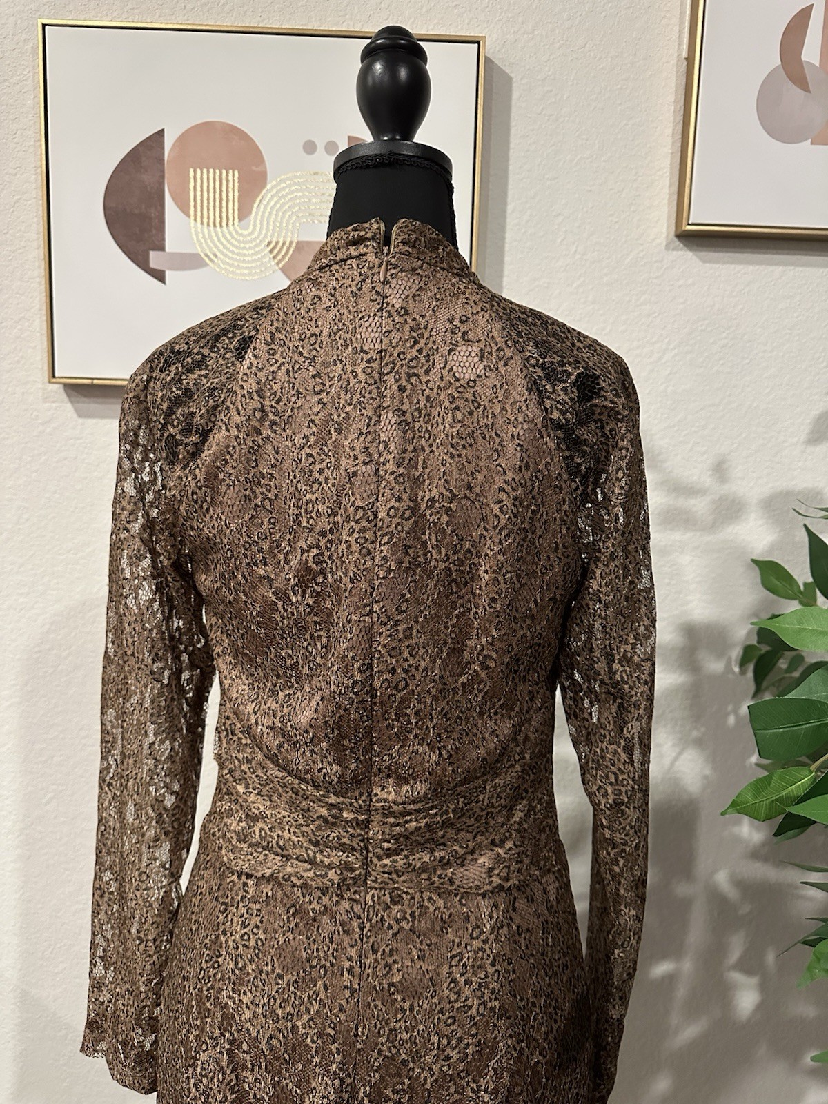 David Meister Leopard Print Lace Lined Evening Midi Dress With Jeweled Belt Sz 6