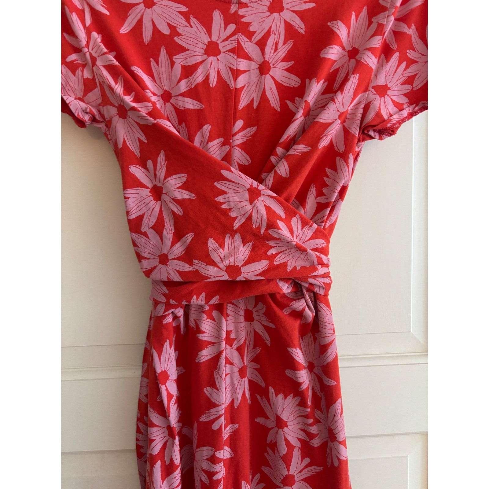 find. Red Pink Daisy Floral Wrap Waist Cotton Midi Dress Short Sleeve Portugal