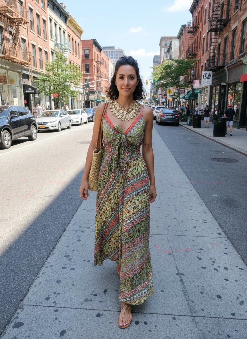 Boho Maxi Dress Tiered Ruffles,V-Neck,Floral Print work, Silk, Colorful One Size