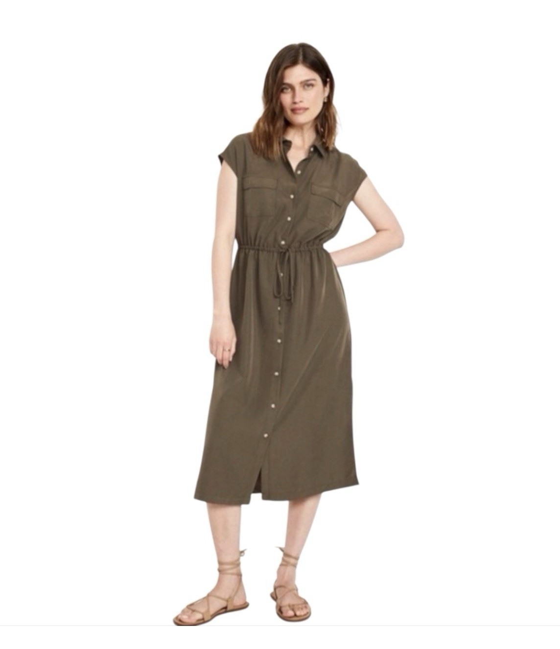 Old Navy NWT Waist-Defined Utility Midi Shirt Dress XL Tall Green Gorpcore