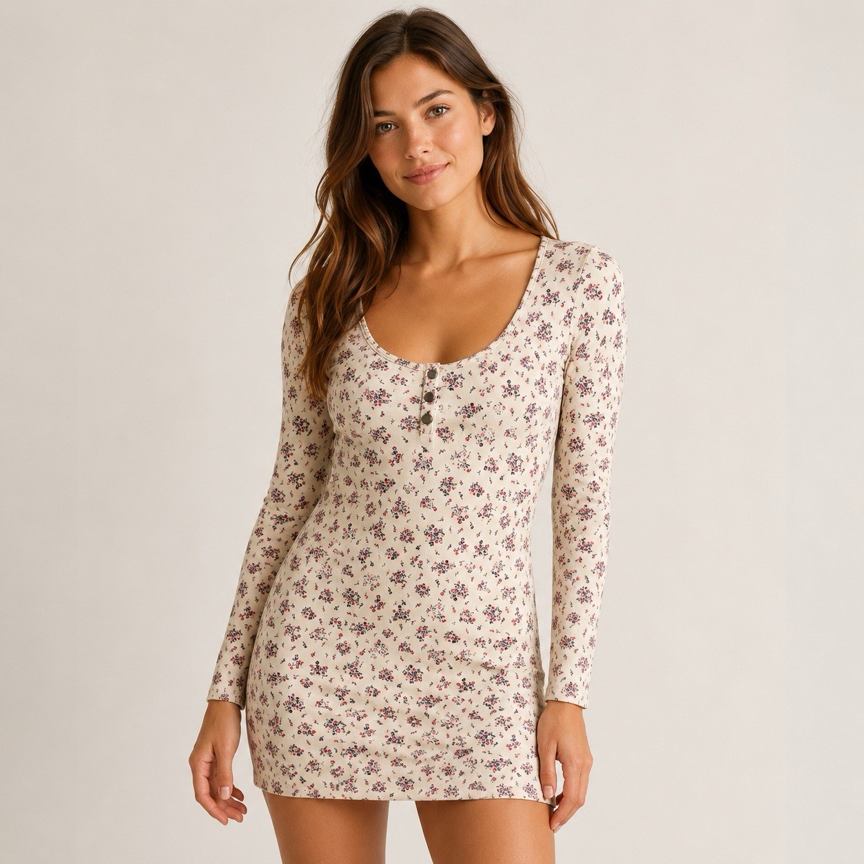 Roxy Women’s M Floral Cotton Stretch Henley Scoop Back Mini Dress Tunic Y2K Boho