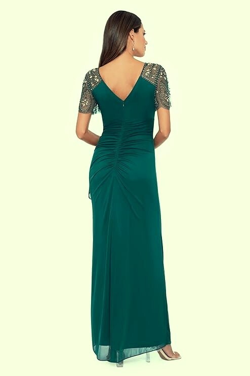 Xscape Neo Emerald Green Xscape Beaded Sleeve Ruched Column Gown Size 10 $208