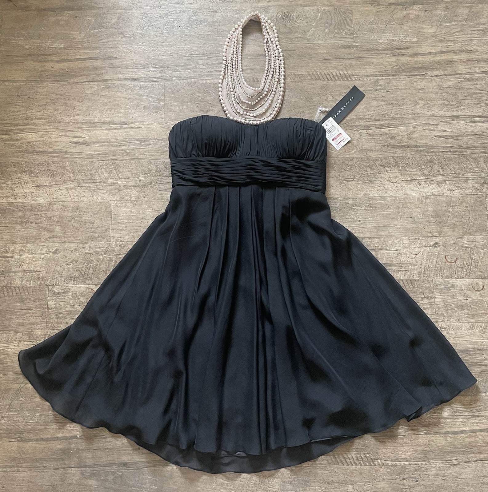 Aidan Mattox Dress Pearl Collar Silk Halter Strapless Ruched Waist Black Chiffon