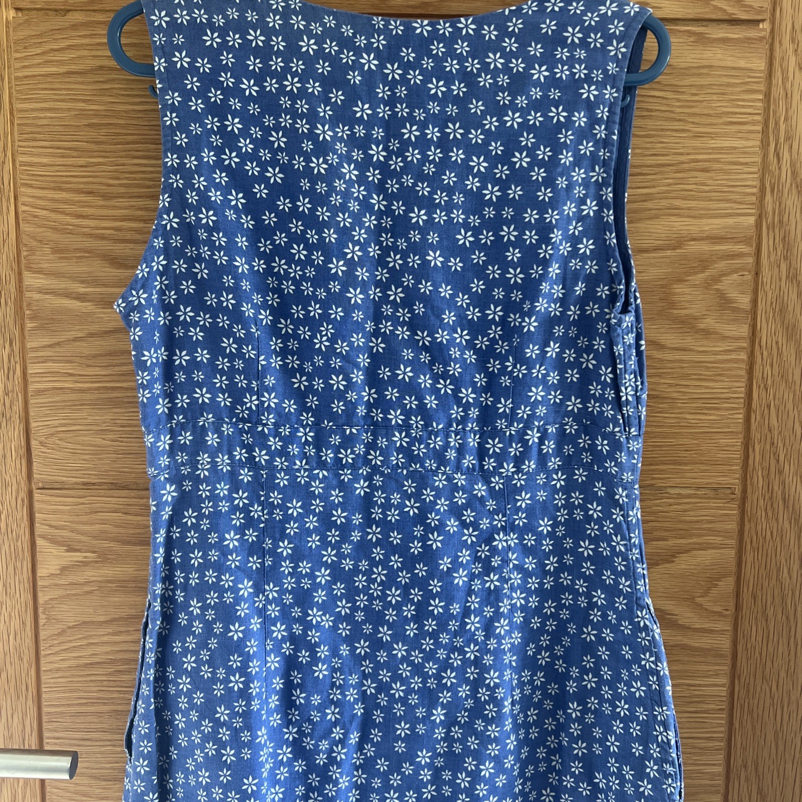Per Una Dress UK 8 Blue White Floral Beaded Linen Cotton Blend Pockets Summer
