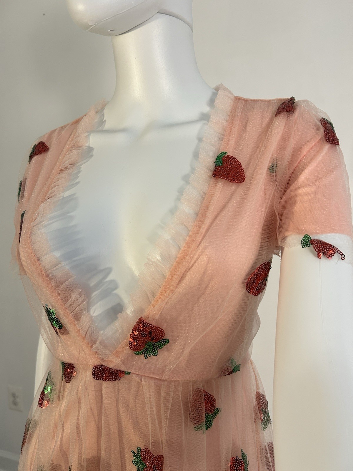 M Strawberry Tulle Dress Womens Pink Sequin Mesh Short Sleeve V Neck Maxi 2026