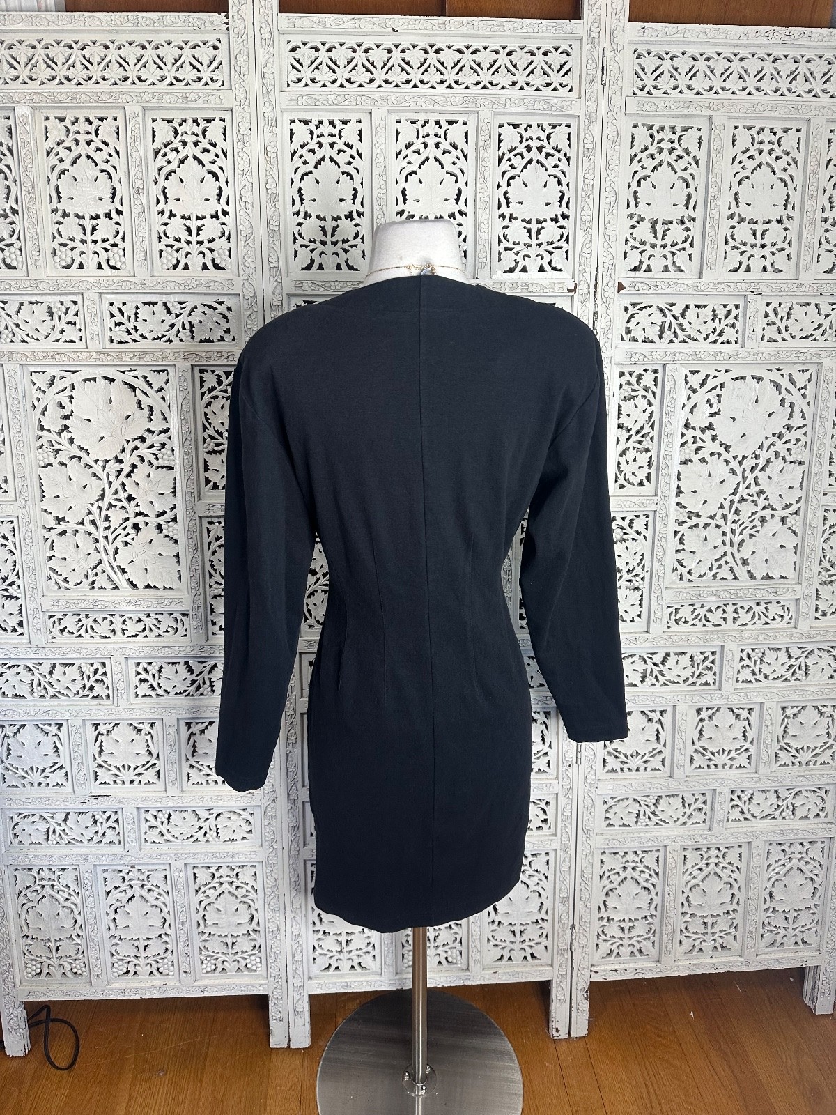Vintage Brass Plum Nordstrom Black Strong Shoulder Long Sleeve Button Up Dress