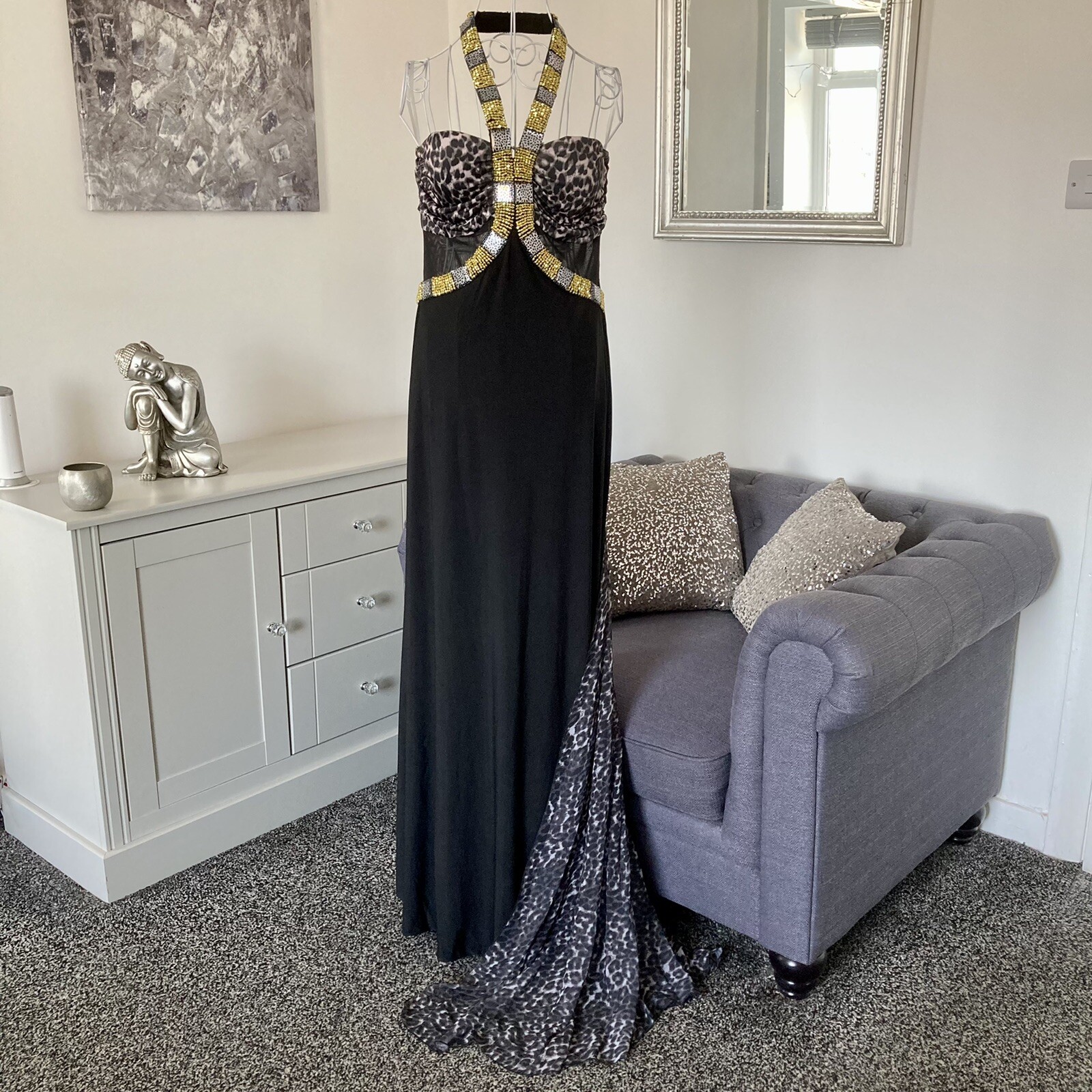 Grey Black Leopard Print Halter Prom Ball Cocktail Occasion Maxi Dress S 8-10