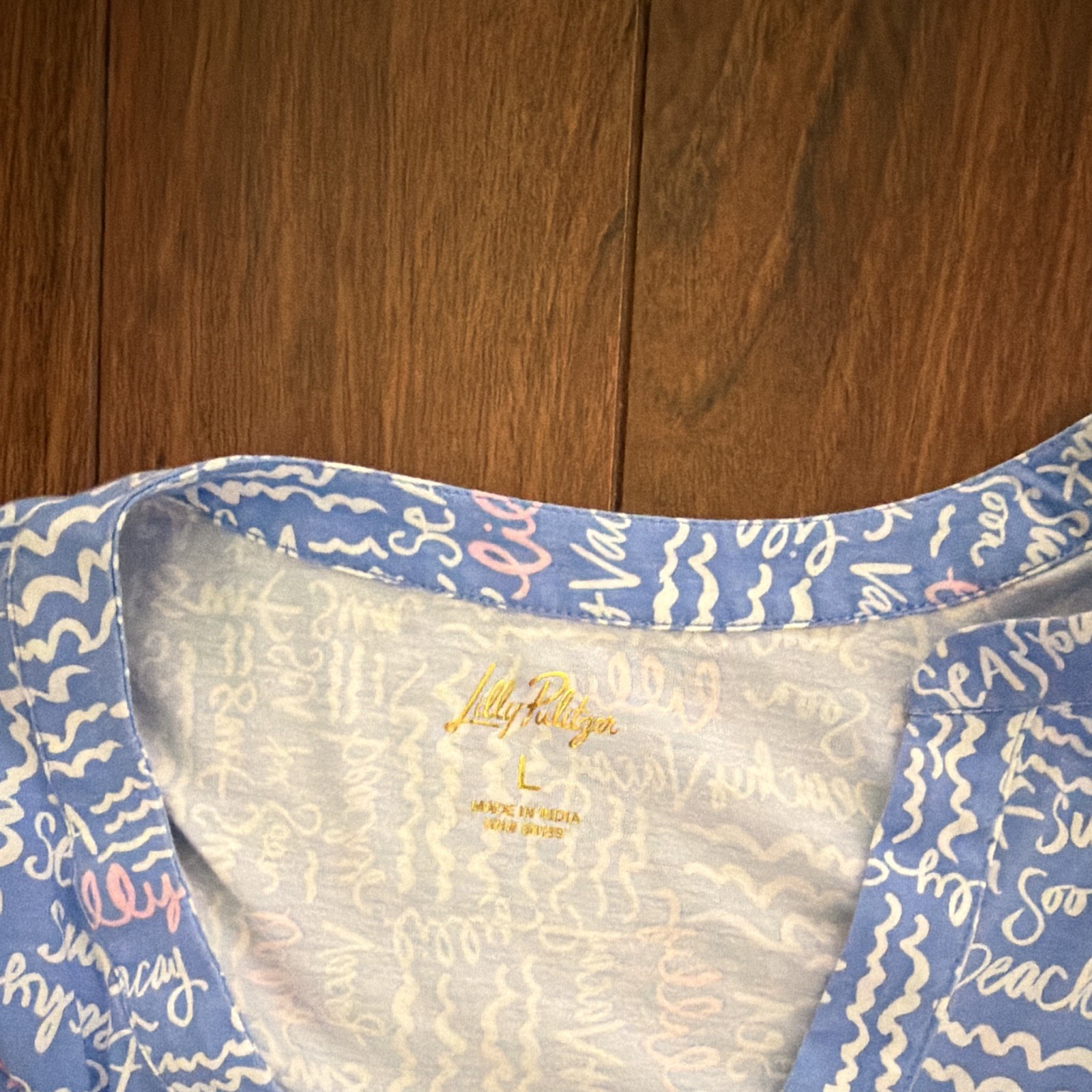 Lilly Pulitzer Knit Cotton Shift Dress L V-Neck Pockets Blue/White/Pink Ruffle
