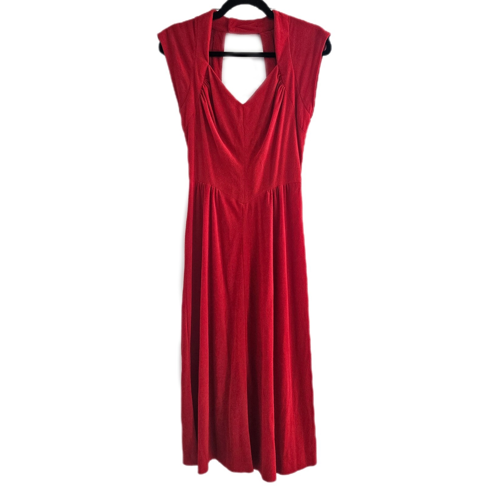 True Vintage 70s Red Terry Cloth Ruched Sleeveless Midi Dress V-Neck Button Back