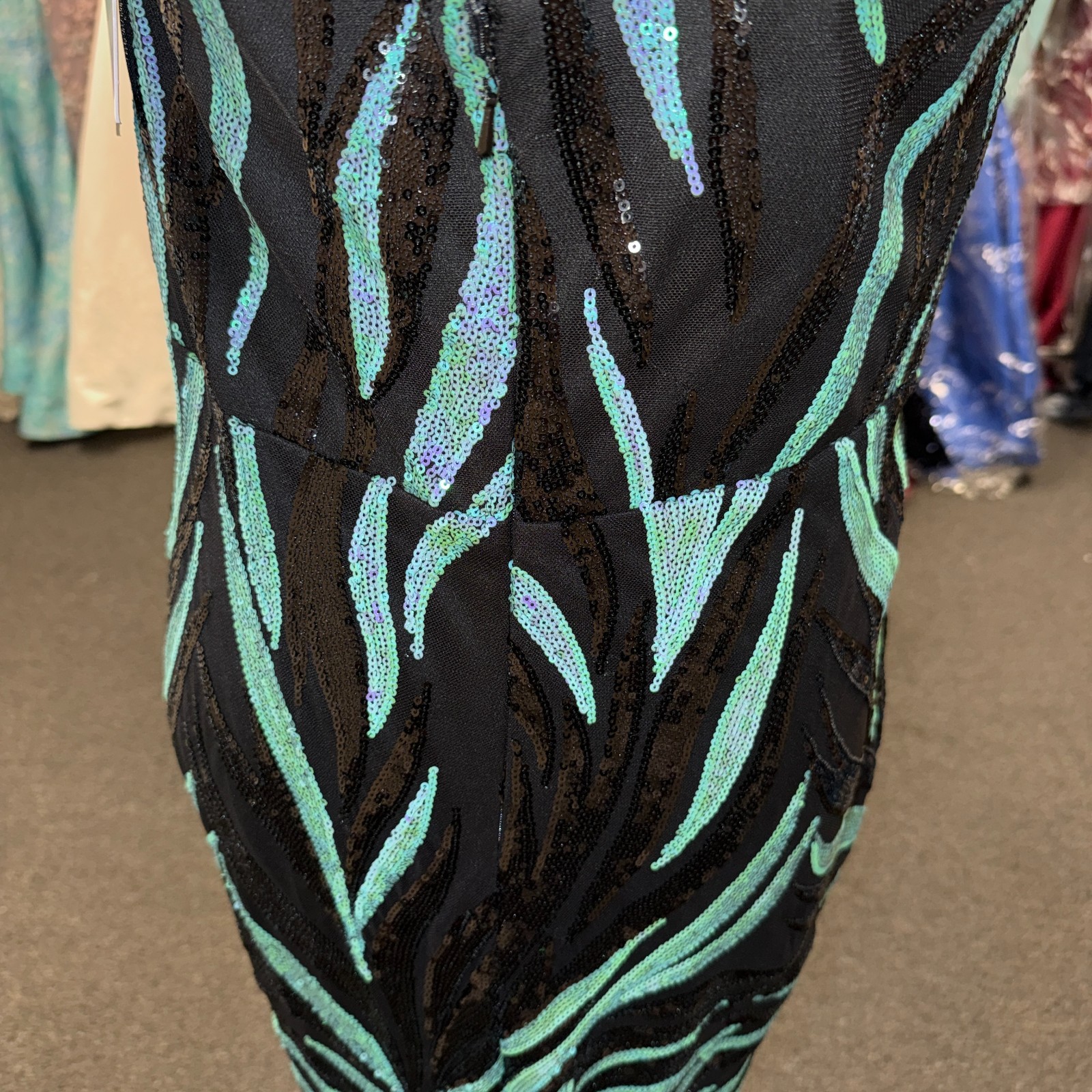 Stella Couture Black Teal Sequin Strapless Mermaid Gown Sweetheart Long Train