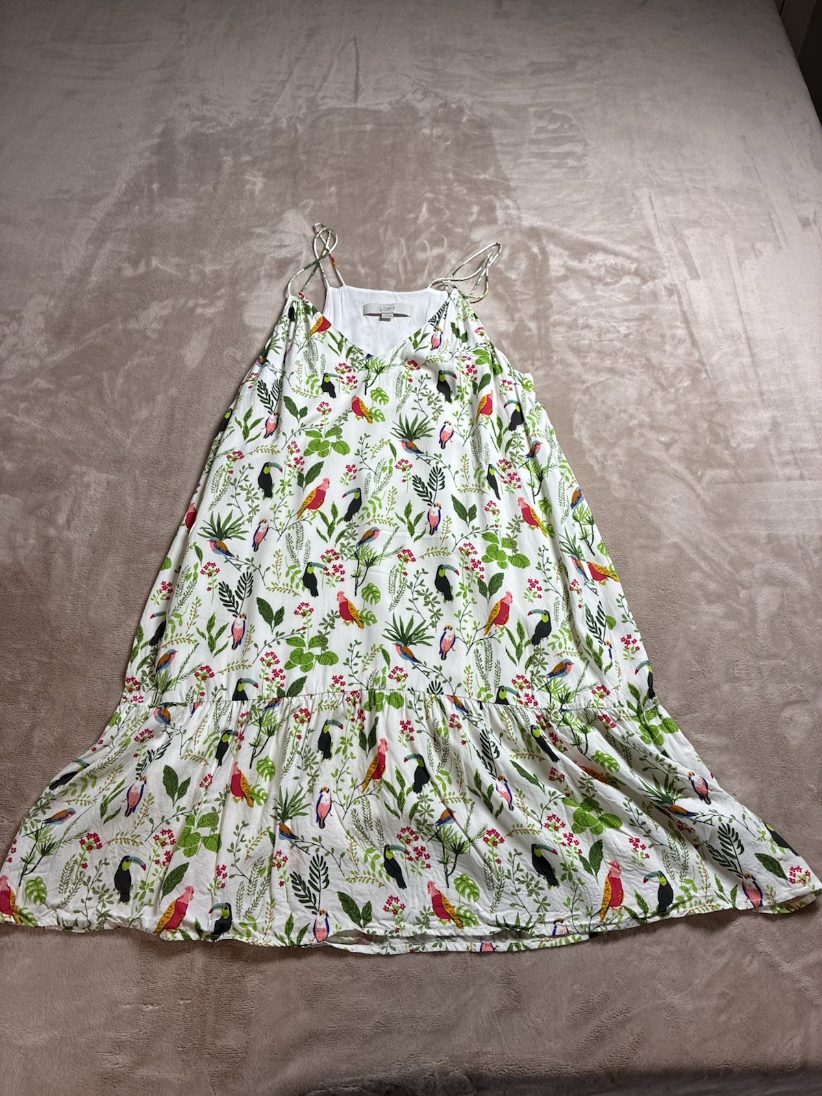 LOFT Toucan Flounce Swing Dress M Medium White Tropical Bird Floral Sundress
