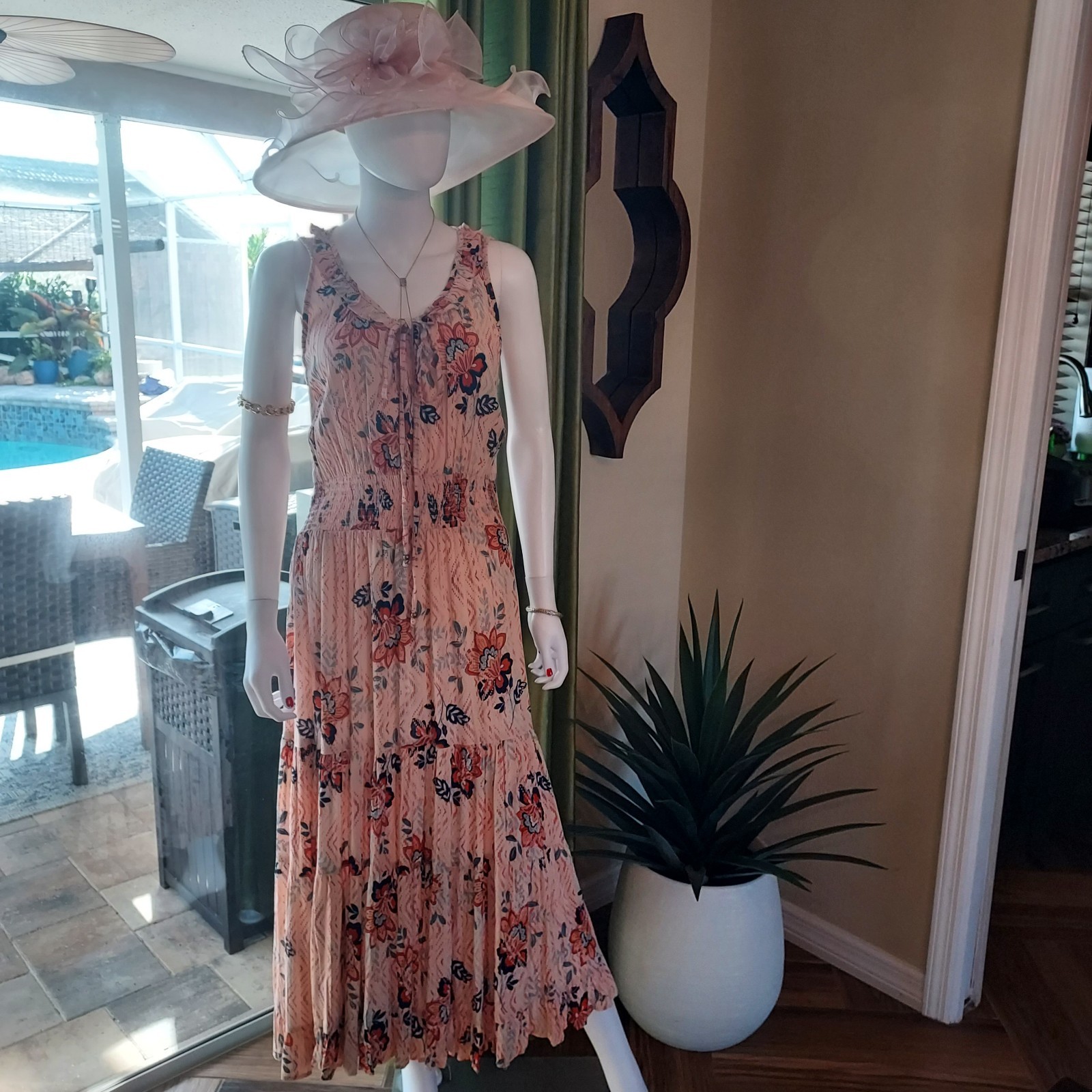 Sky and Sand Peach Floral Sleeveless Midi Dress Ruffle Tie Smocked with Hat.