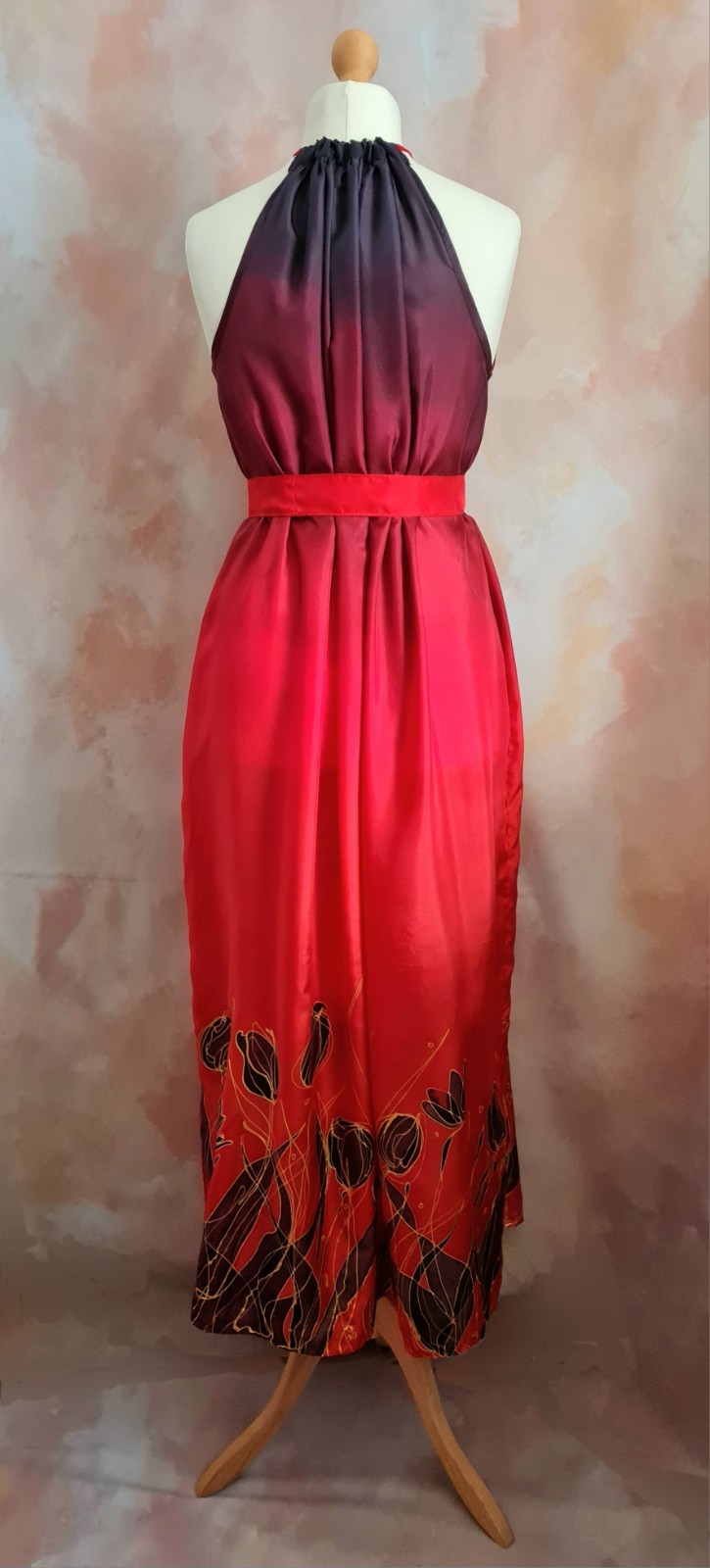 Bespoke Hand Painted Signed Silk Red/Black Tulips Summer Party Dress with Shawl