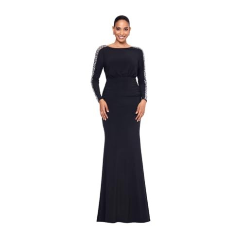 Betsy & Adam Beaded Gown 10 Black Silver Long Sleeve Ruched NWT $259
