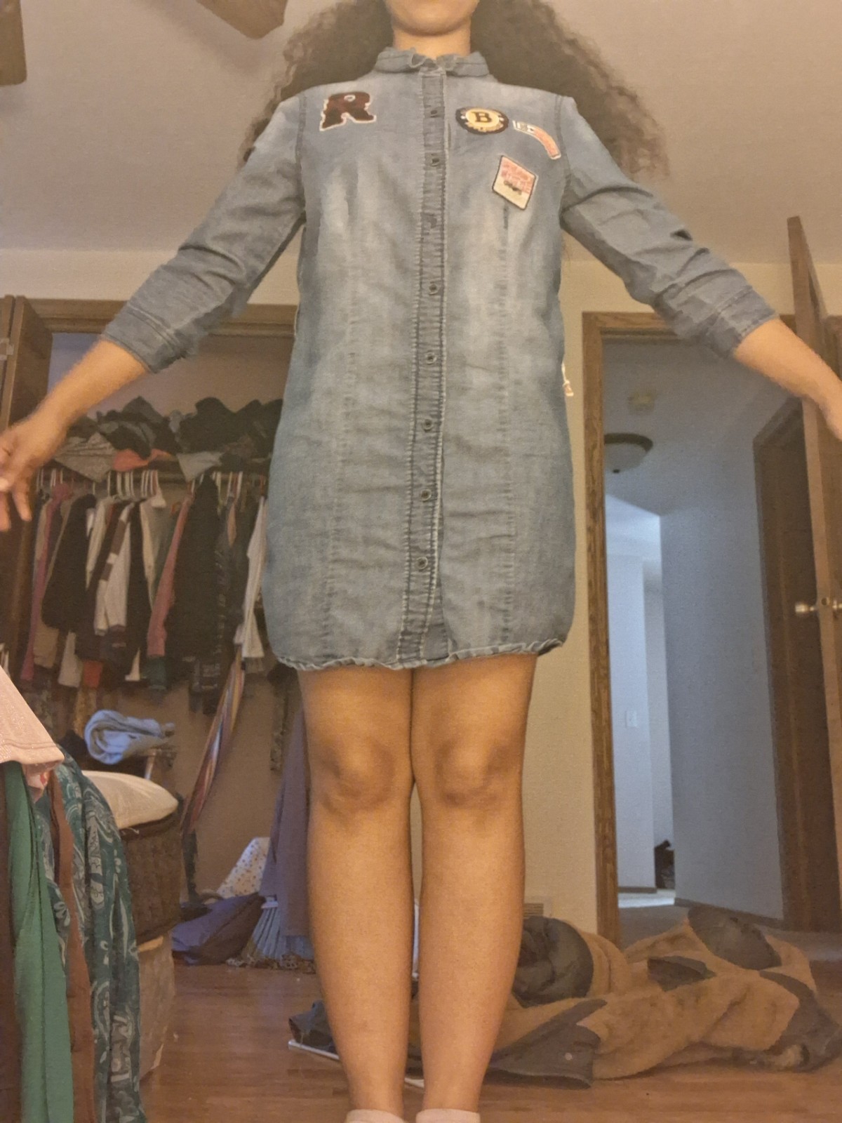 Women’s Blue Denim Shirt Dress Button Front Band Collar 3/4 Sleeve Short M