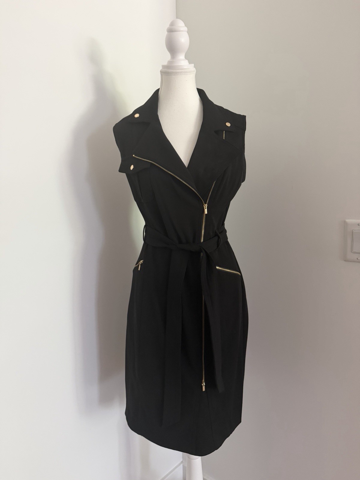 Elegant Black Moto-Inspired Zip Front Dress with Gold Hardware