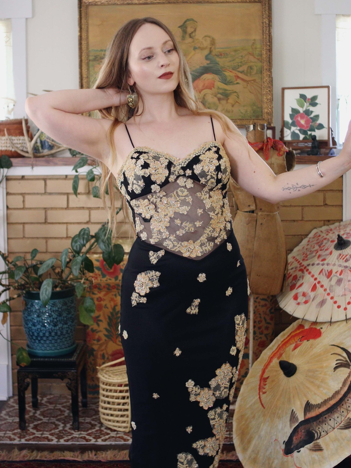 Y2K Cassandra Stone Dress Sheer Black Mesh Champagne Gold Lace Prom Dress 2000s