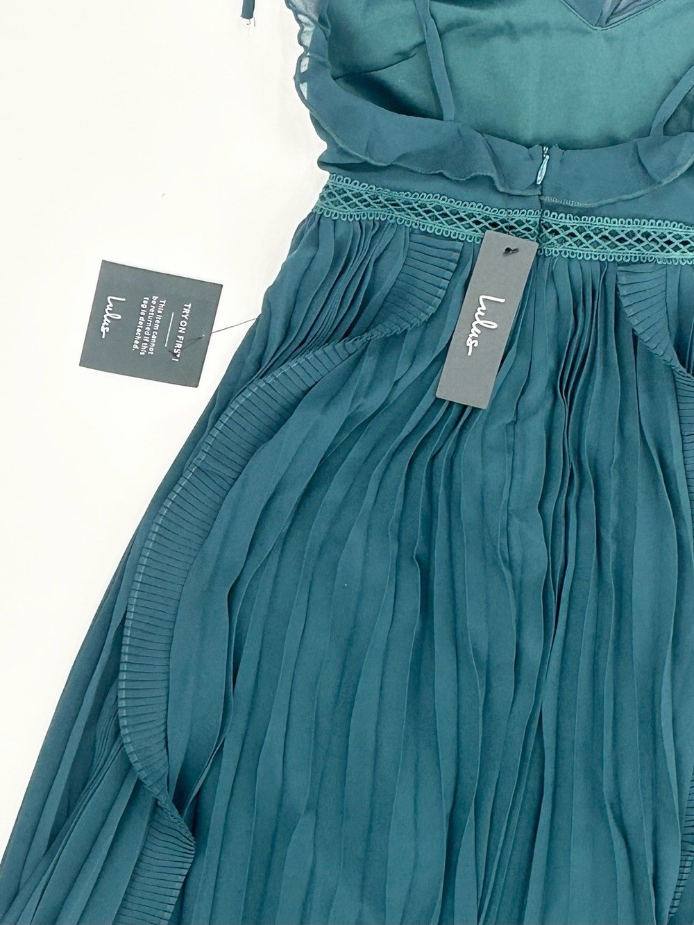 Lulus NWT Teal Pleated Chiffon Midi Dress Ruffle Tie Strap Cottagecore XXS